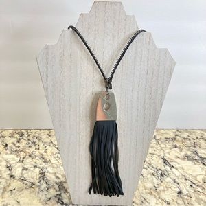 Long black and silver necklace 23” long zipper necklace fringe